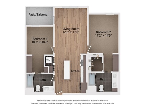 Floor plan for 2 beds, 2 baths, 1068 sqft
